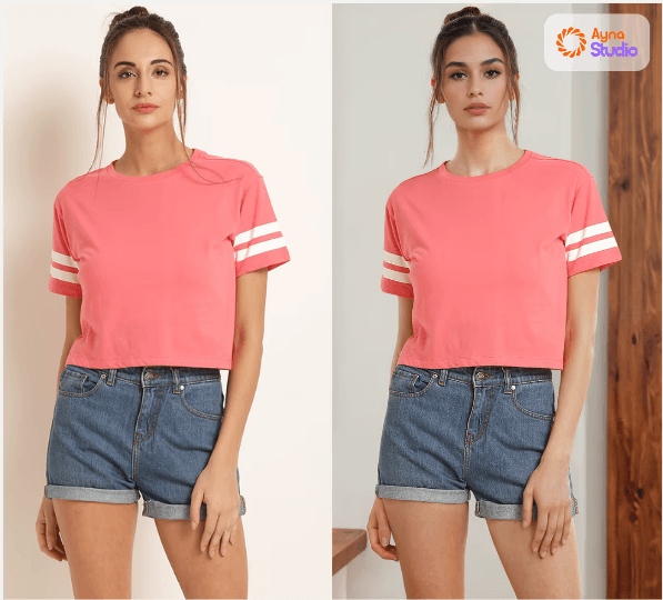 AI fashion model in stylish printed shirt demonstrating AI-powered apparel photography for ecommerce.